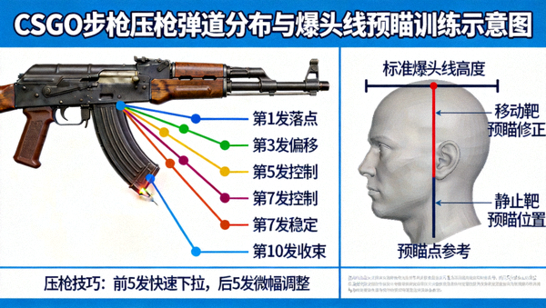 CSGO步枪压枪弹道分布与爆头线预瞄训练示意图
