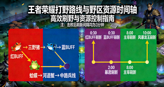王者荣耀打野路线与野区资源刷新时间轴图示